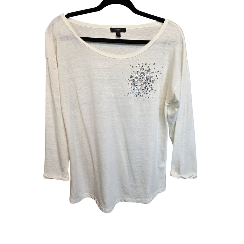 J.Crew‎ Embellished Long Sleeve Top Womens Medium White Rhinestone Beaded Cotton